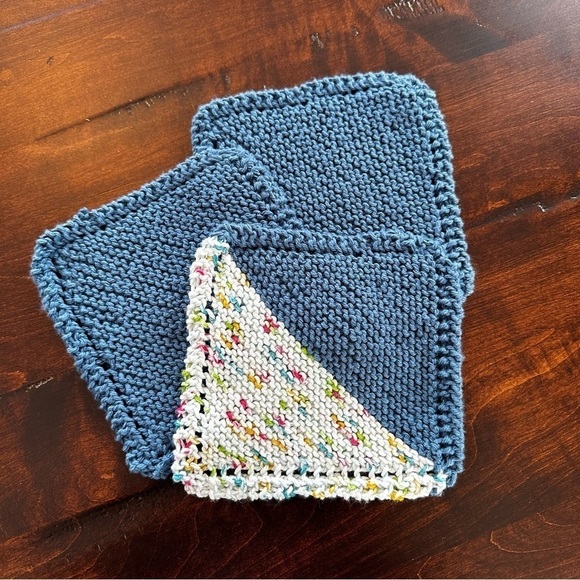 Handmade Blue Knit Washcloths 3 pack 100% cotton - Picture 1 of 7
